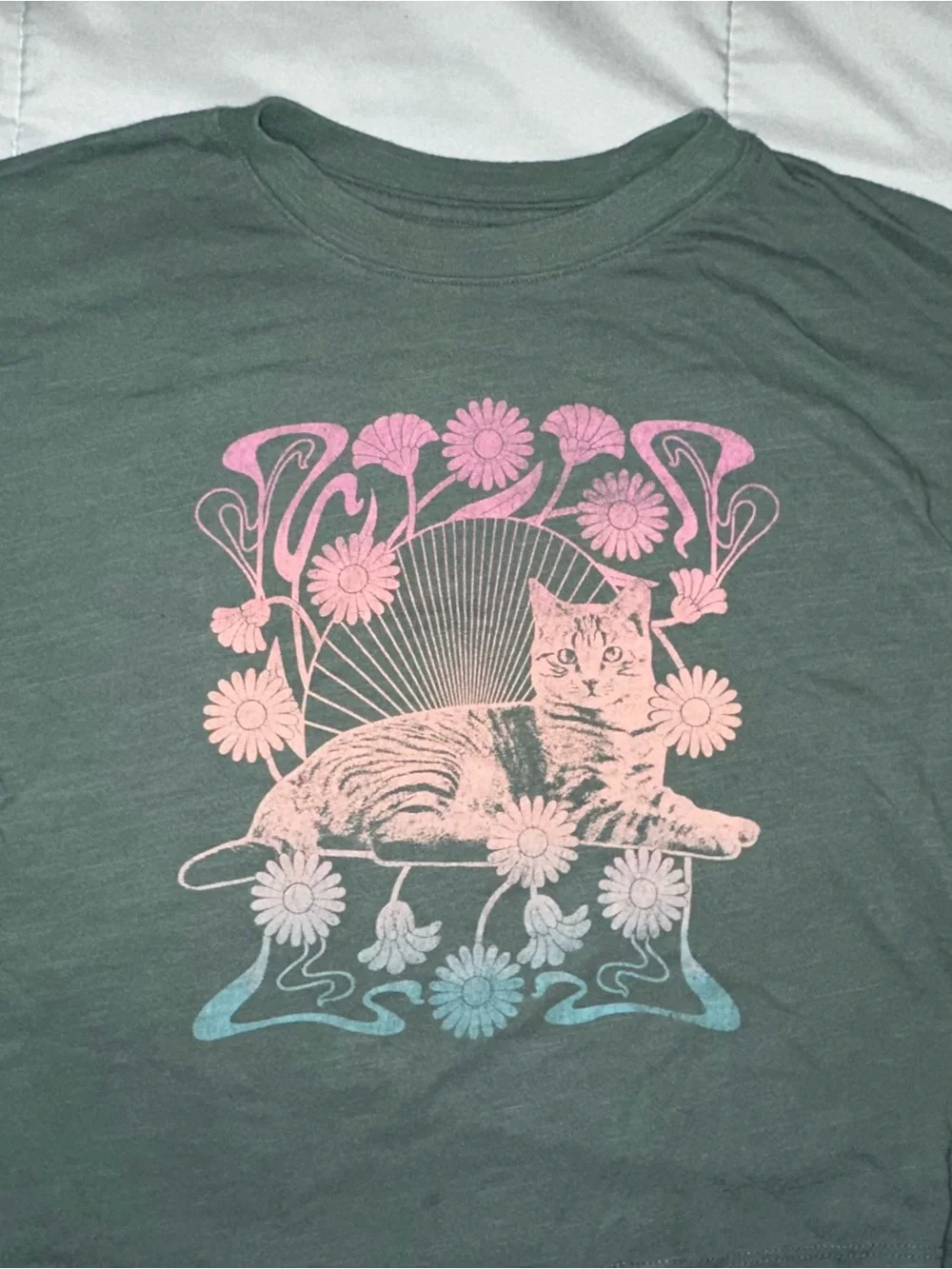SO Green Tee with Pink and Blue Floral Cat Graphic